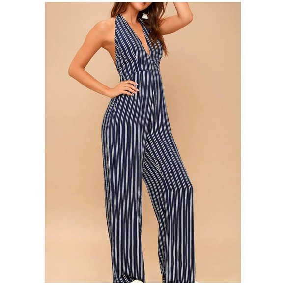 NWT BB Dakota Navy White Striped Halter Jumpsuit - Picture 2 of 8
